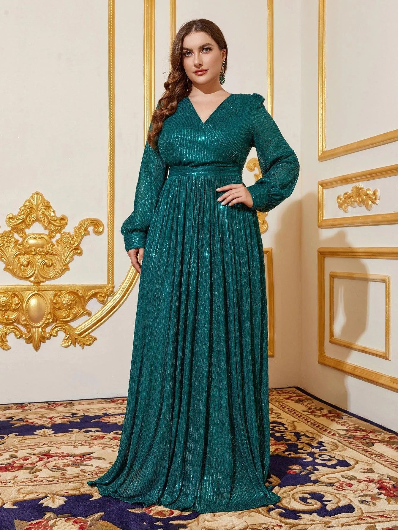 Plus V Neck Lantern Sleeve Sequin A Line Dresses Dark Green / 1XL Plus V Neck Lantern Sleeve Sequin A Line Dresses Dark Green / 1XL