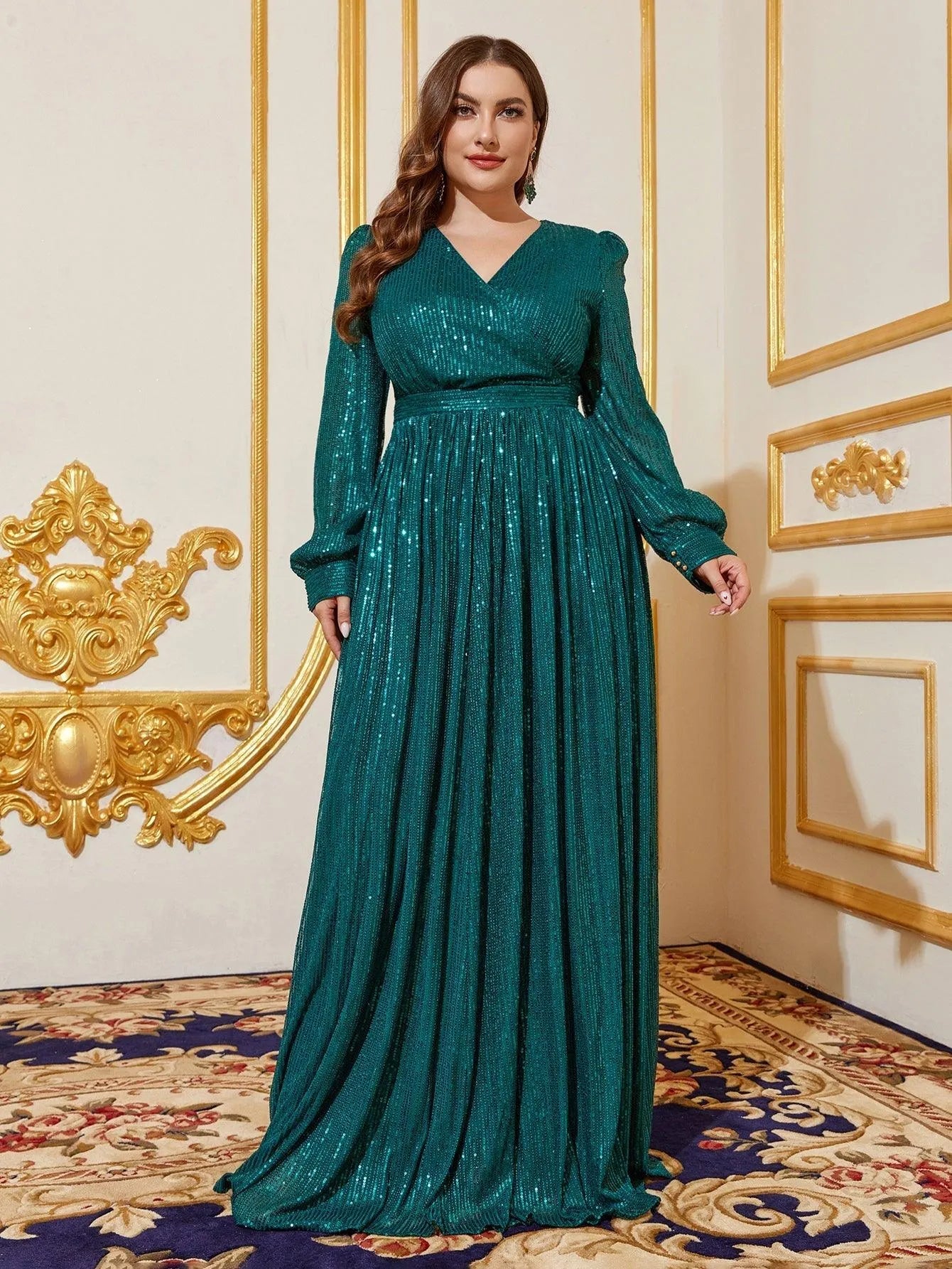Plus V Neck Lantern Sleeve Sequin A Line Dresses Dark Green / 1XL Plus V Neck Lantern Sleeve Sequin A Line Dresses Dark Green / 1XL