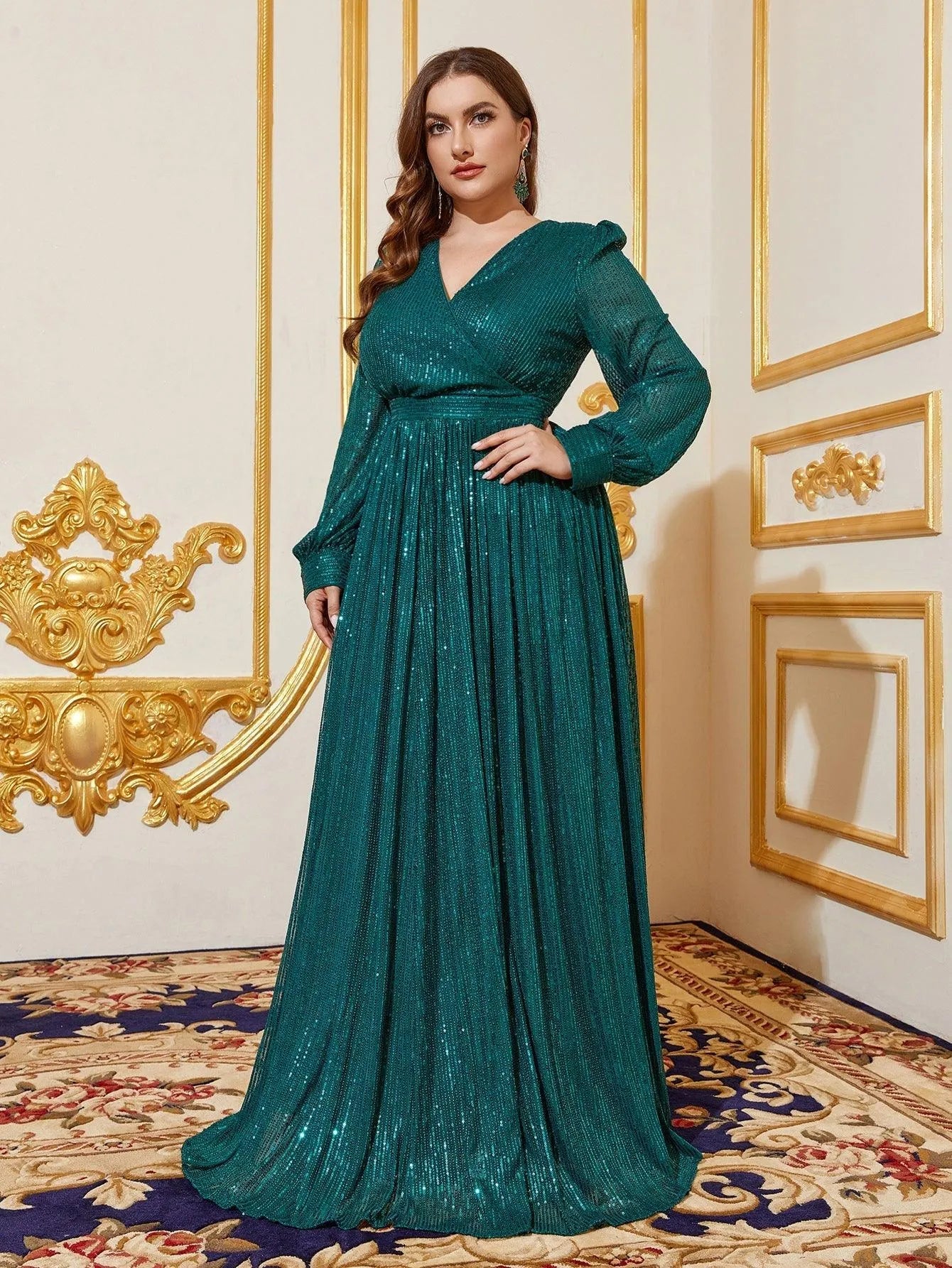 Plus V Neck Lantern Sleeve Sequin A Line Dresses Dark Green / 1XL Plus V Neck Lantern Sleeve Sequin A Line Dresses Dark Green / 1XL