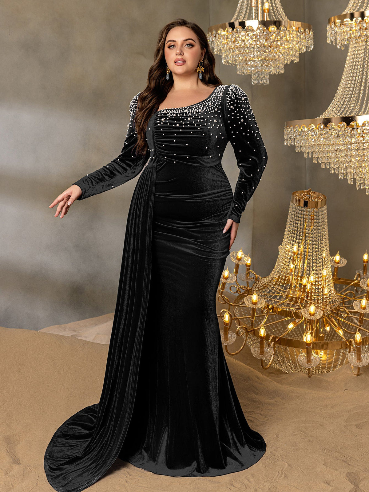 Plus Elegant Pearl Embellished Diagonal Neck Mermaid Hem Velvet Formal Evening Dress
