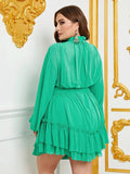 Plus Mock Neck Lantern Sleeve Ruffle Hem Chiffon Dress - Elonnashop