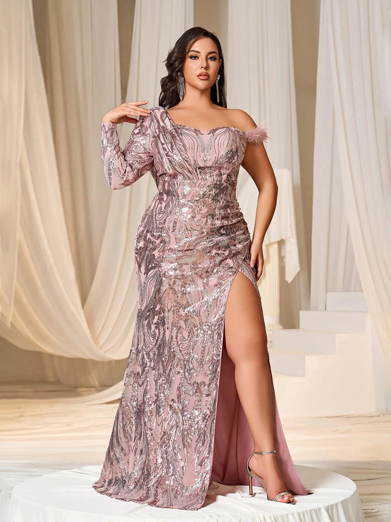 Plus One Shoulder Ruched Wrap Hem Sequin Prom Dress Bronze / 5XL Plus One Shoulder Ruched Wrap Hem Sequin Prom Dress Bronze / 5XL