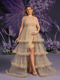 Plus Maternity  One Shoulder Sleeveless Tulle Layered Hem Party Dress