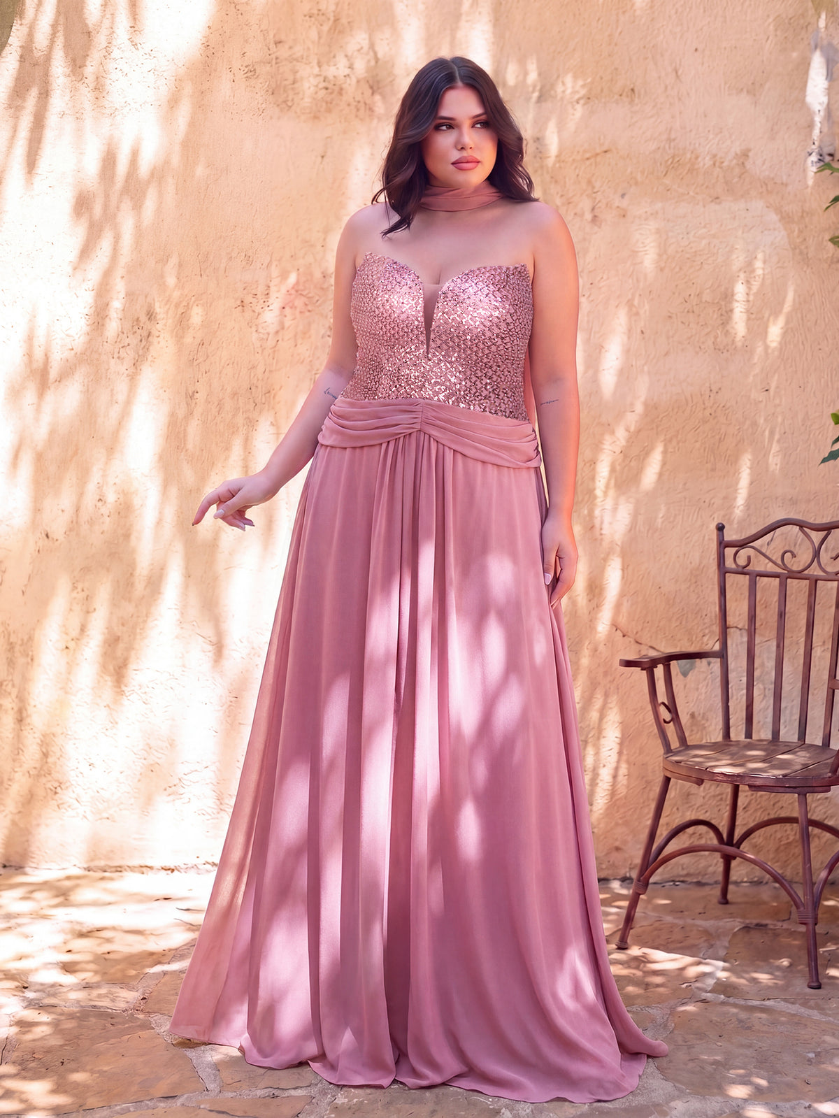Plus Sequin Sweetheart Neck Chiffon Maxi Dress | Open Back Lace-Up Evening Gown with Flowy A-Line Skirt | Formal Party & Prom Dress