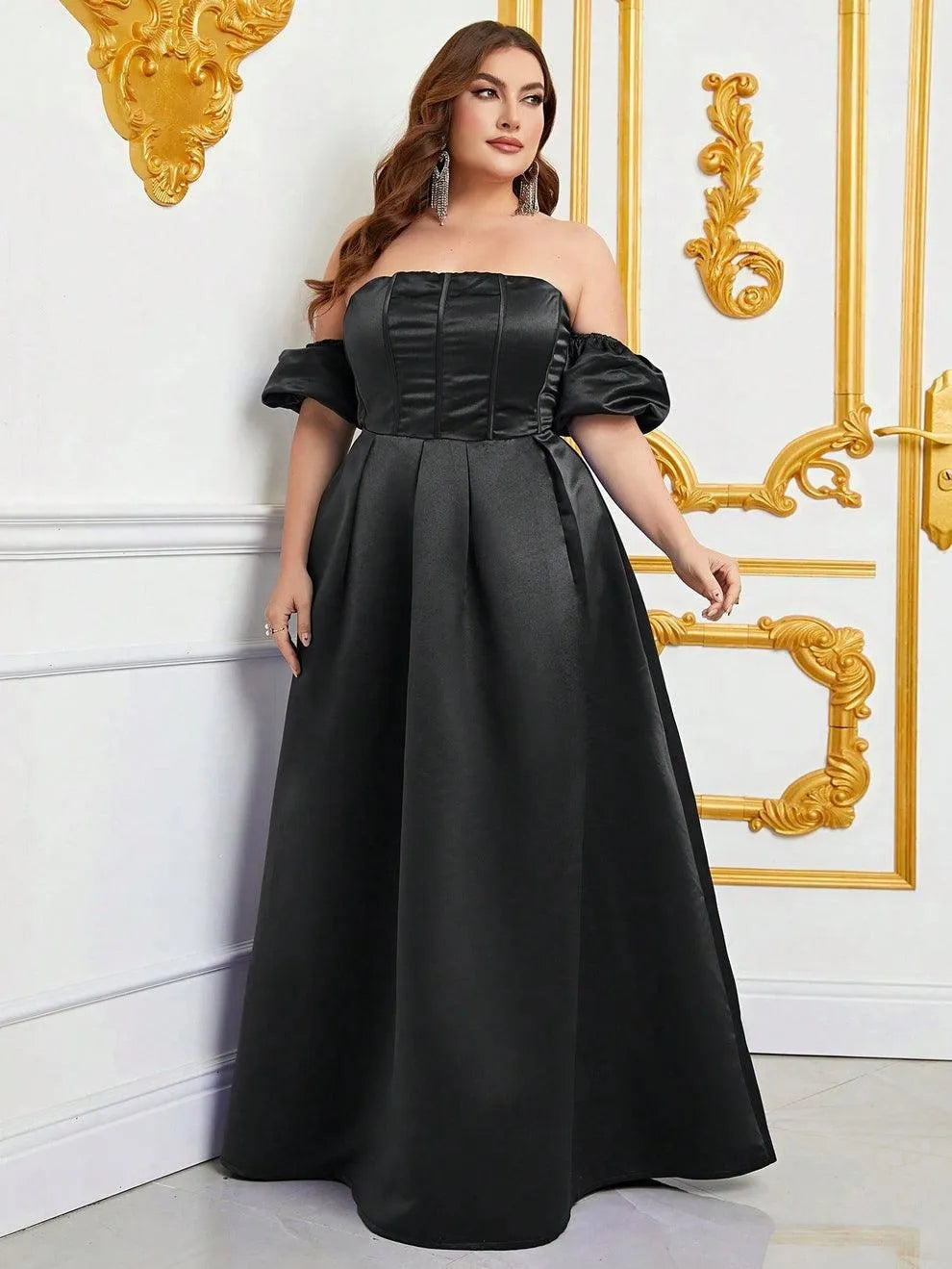 Plus Off Shoulder Puff Sleeves Ruched Bust Satin Prom Dress - Elonnashop