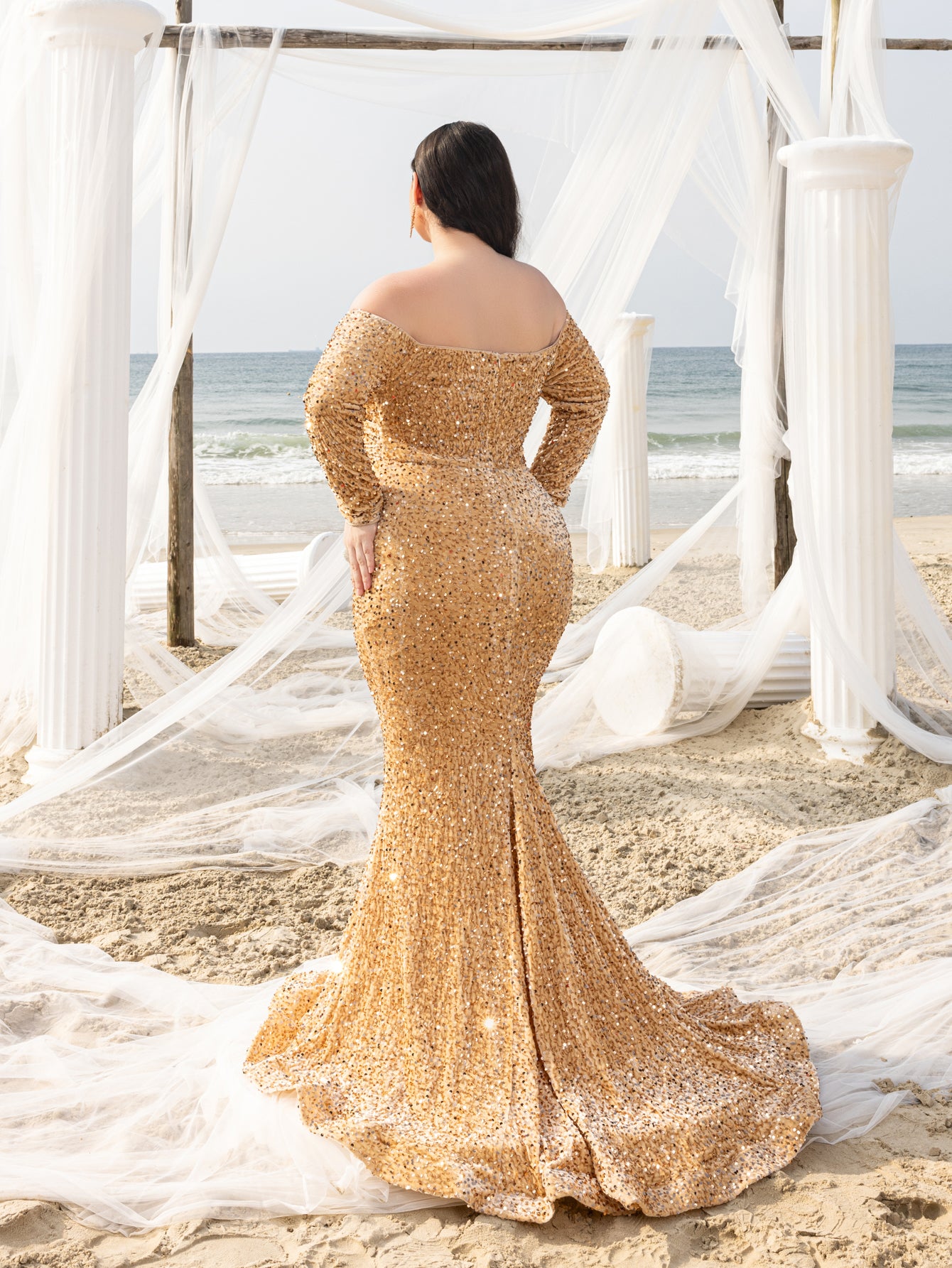 Plus Elegant Off Shoulder Lone Sleeves Mermaid Hem Sequin Evening Dress