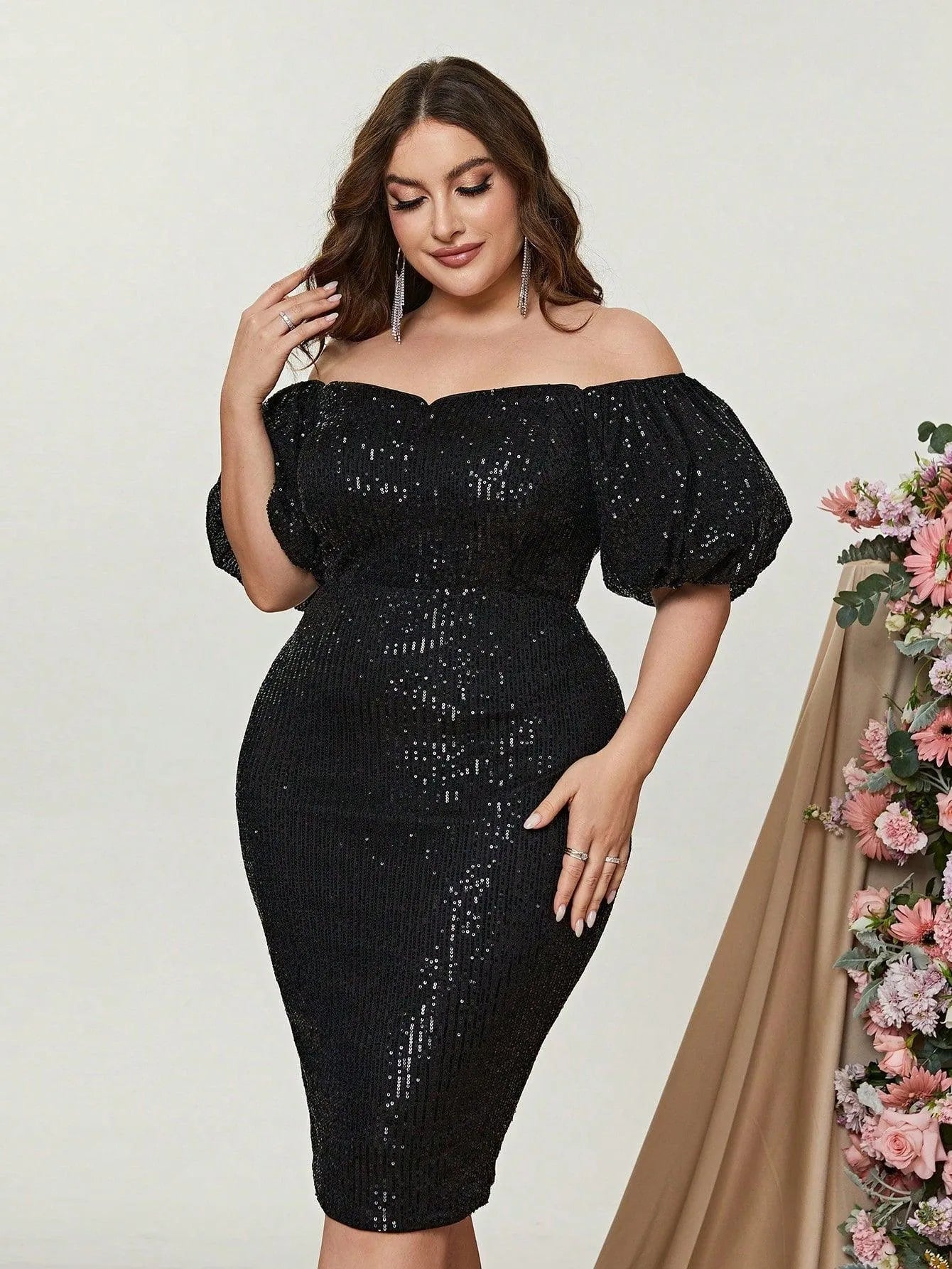 Plus Off Shoulder Puff Sleeves Sequin Midi Dress - Elonnashop