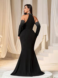 Plus Rhinestone Detail Halter Neck Mermaid Hem Evening Dress