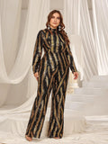 Plus Mock Neck Long Sleeves Graphic Sequin Jumpsuit - Elonnashop