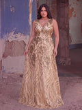 Plus Floral Sequin V Neck Sleeveless A-Line Formal Prom Dress