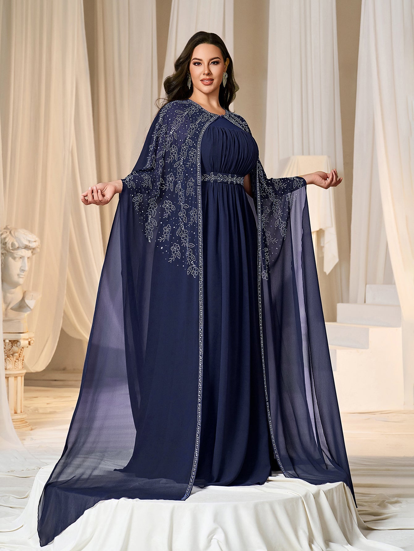 Plus Gorgeous Two-Piece Chiffon Evening Dress | Rhinestone Cape Sle Navy Blue / 2XL Plus Gorgeous Two-Piece Chiffon Evening Dress | Rhinestone Cape Sle Navy Blue / 2XL