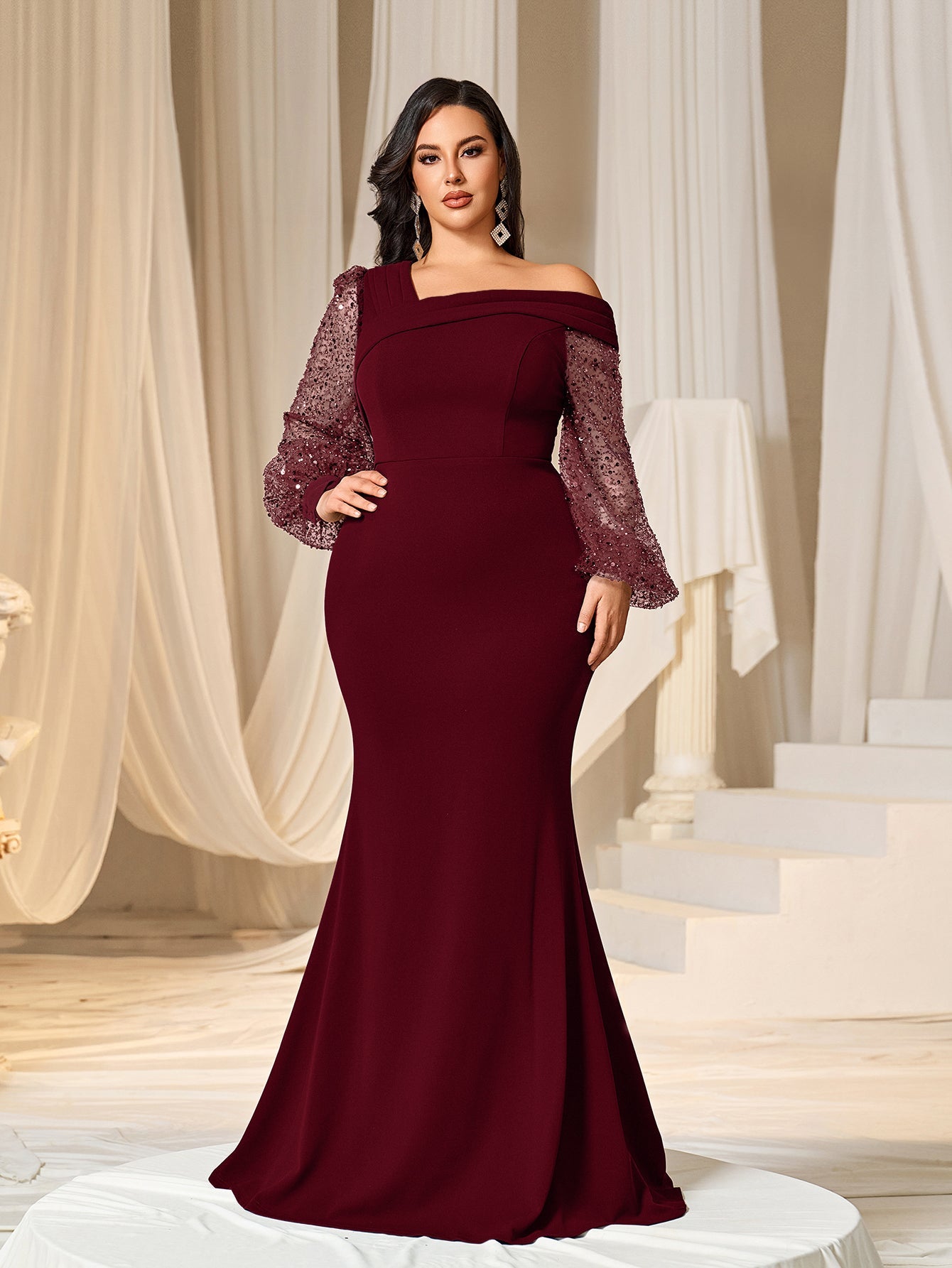 Plus Asymmetrical Neck Lantern Sleeves Formal Mermaid Dress Curvepretty Plus Asymmetrical Neck Lantern Sleeves Formal Mermaid Dress Curvepretty