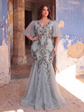 Plus Butterfly Sleeves Mermaid Hem Graphic Sequin Formal Dress