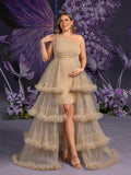 Plus Maternity  One Shoulder Sleeveless Tulle Layered Hem Party Dress