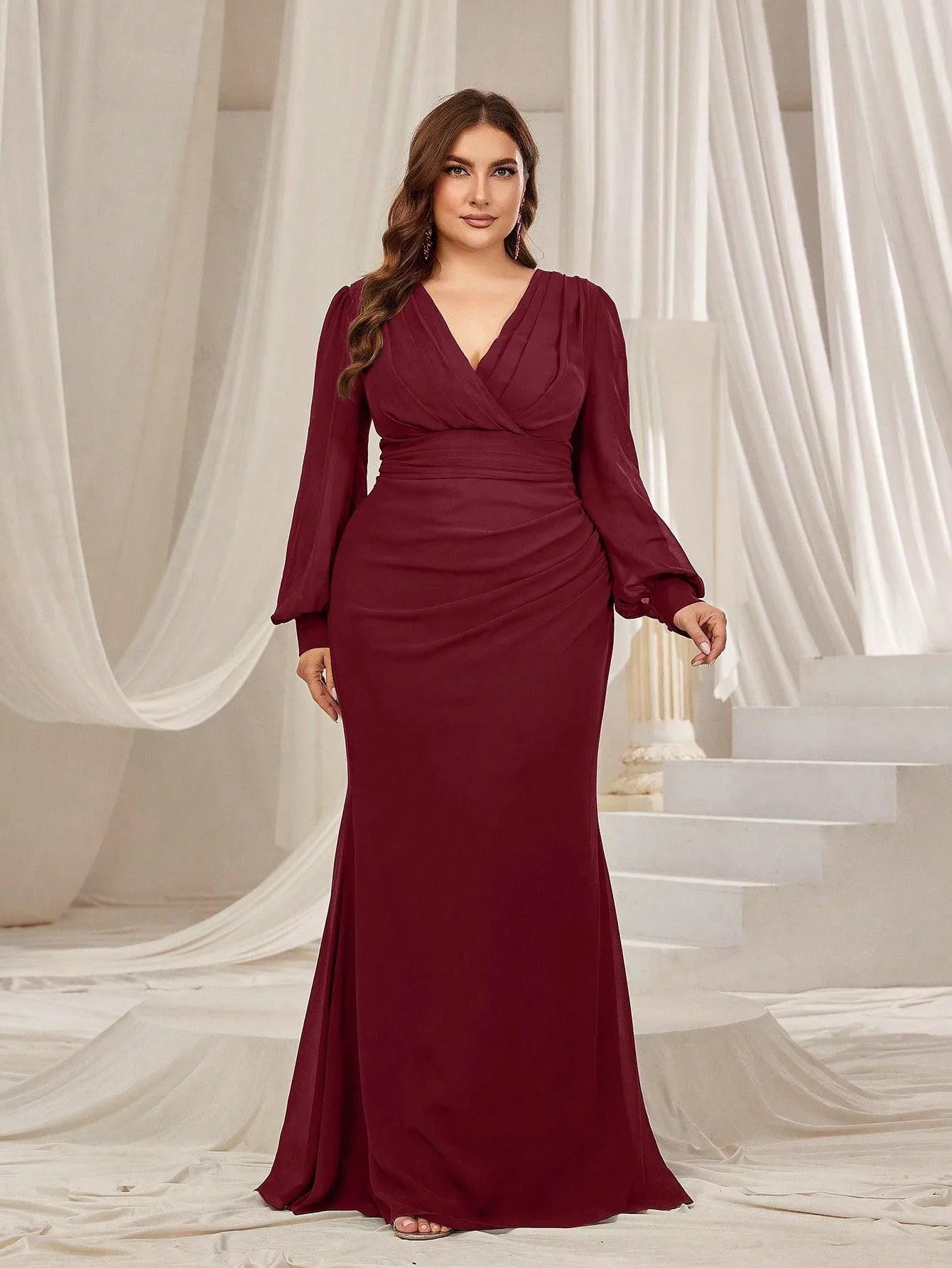 Plus Surplice Neck Lantern Sleeves Chiffon Formal Mermaid Dress Green / 4XL Plus Surplice Neck Lantern Sleeves Chiffon Formal Mermaid Dress Green / 4XL