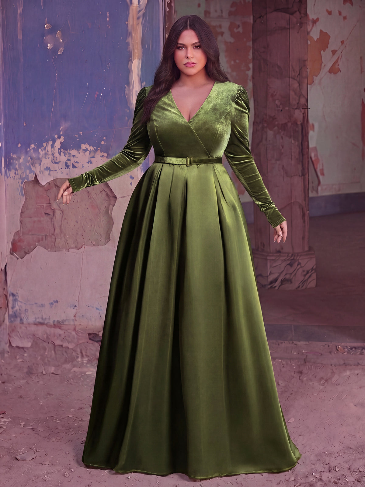 Plus V Neck Long Sleeve Belted Satin A Line Dress