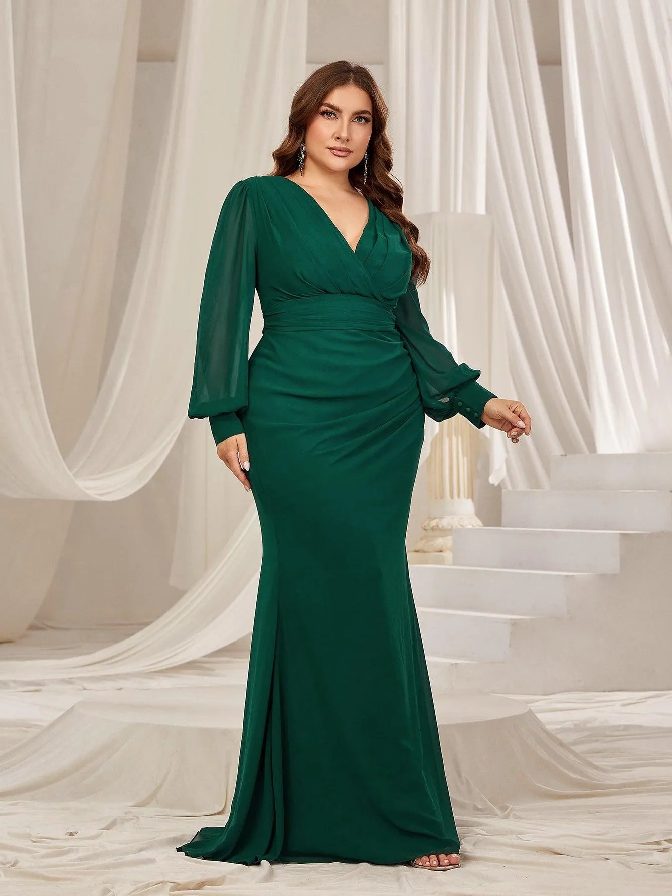 Plus Surplice Neck Lantern Sleeves Chiffon Formal Mermaid Dress - Elonnashop