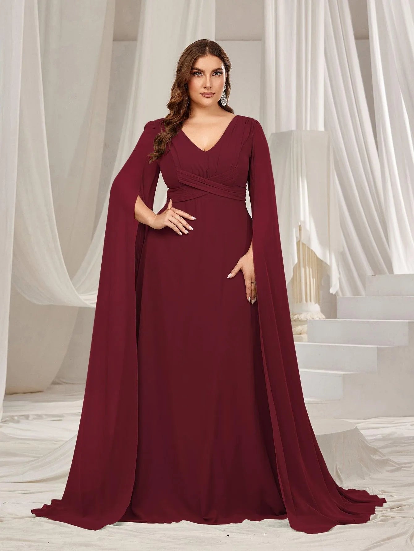 Plus Solid Ruched Front Extra-Long Sleeves Chiffon Prom Dress Green / 2XL Plus Solid Ruched Front Extra-Long Sleeves Chiffon Prom Dress Green / 2XL