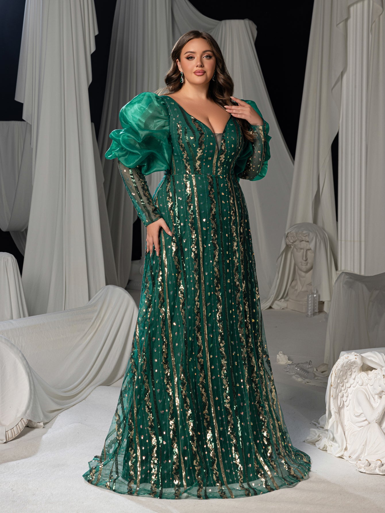 Plus Luxury Plunging Neck Backless Gigot Sleeves Maxi Prom Dress Green / 3XL Plus Luxury Plunging Neck Backless Gigot Sleeves Maxi Prom Dress Green / 3XL