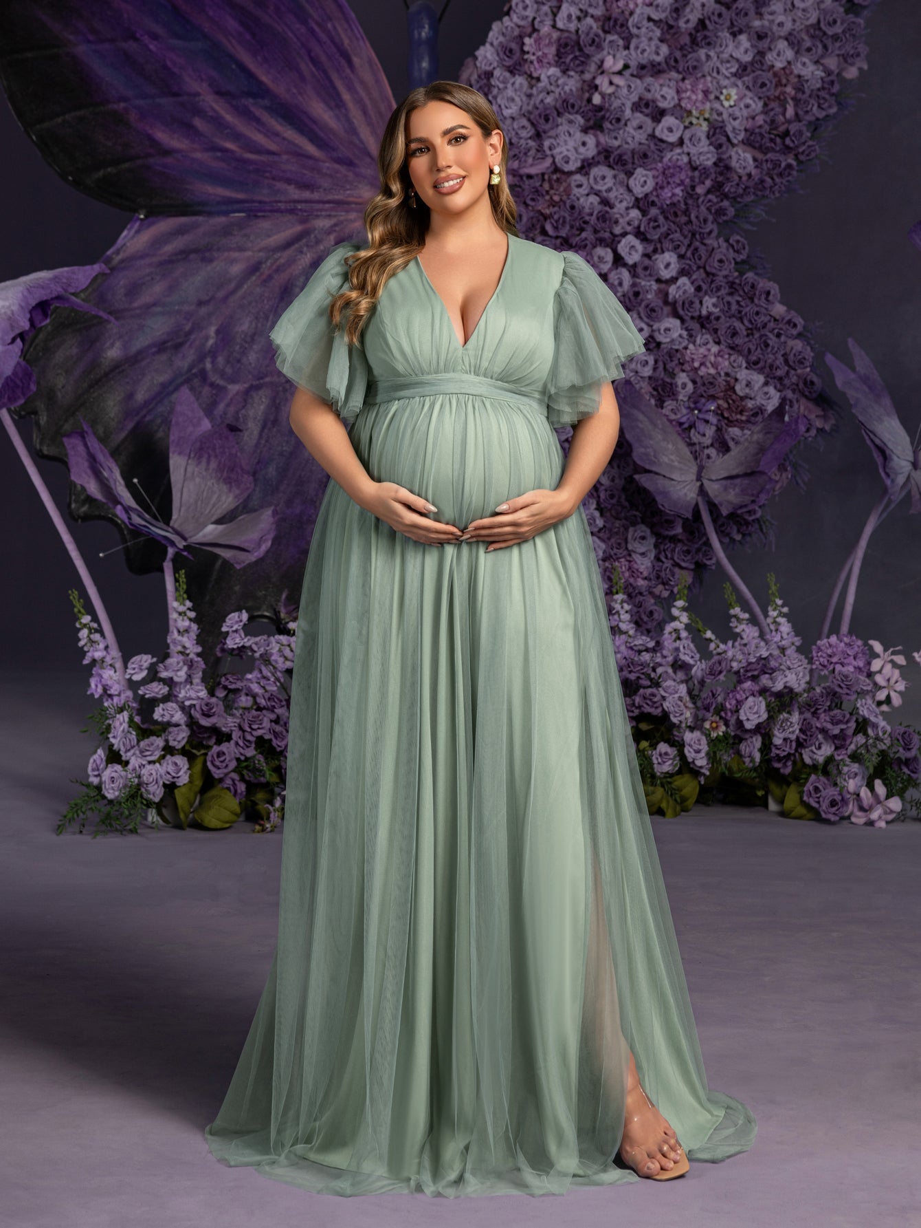 Plus Maternity  V Neck Layered Ruffle Sleeves Split Prom Dress