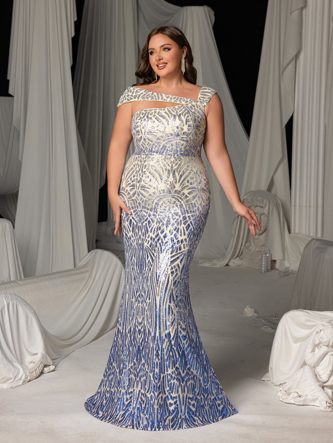 Plus Women's One-Shoulder Geometric Pattern Sequin Mermaid Gown | Illusion Back Evening Dress