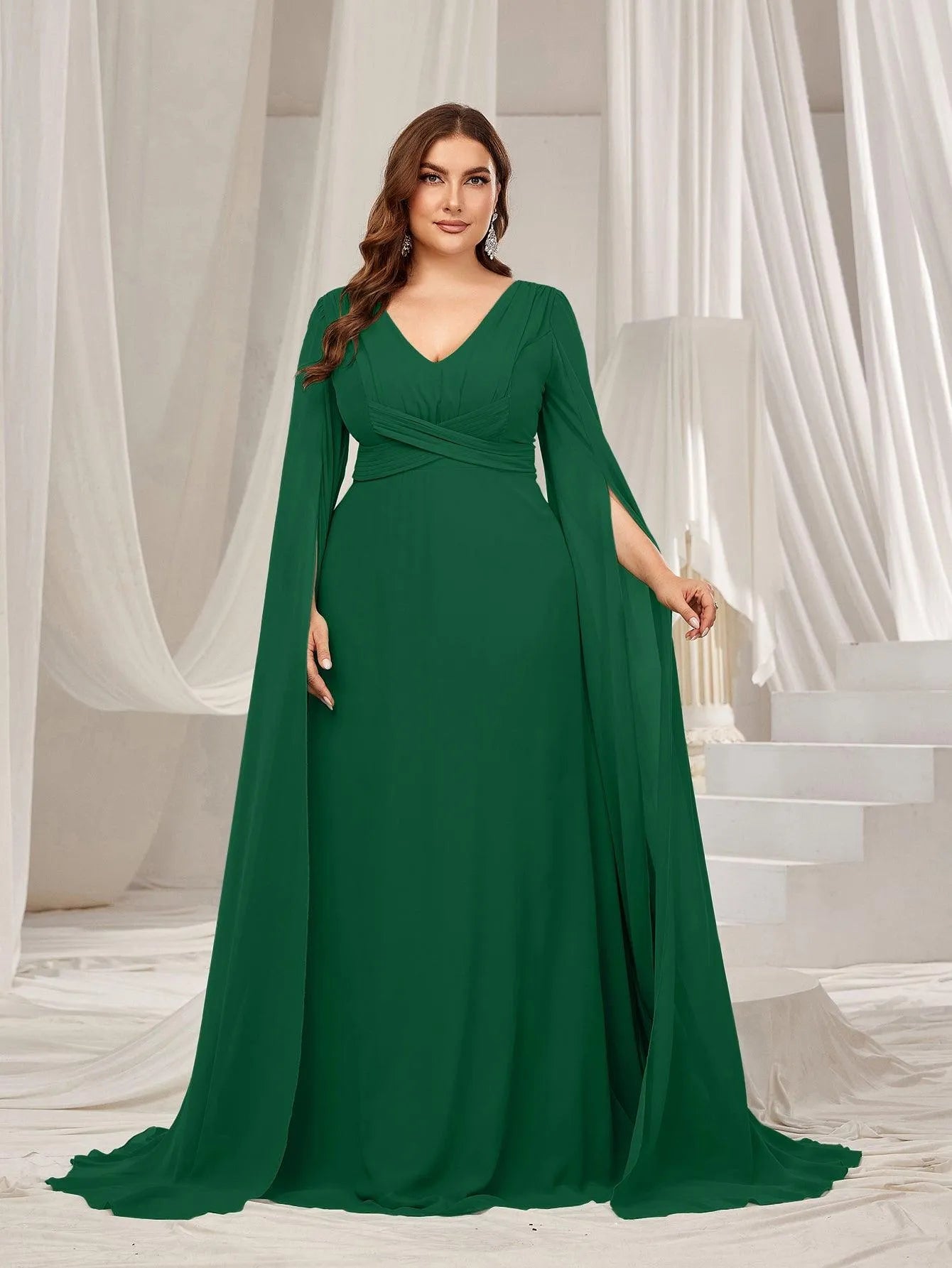 Plus Solid Ruched Front Extra-Long Sleeves Chiffon Prom Dress Green / 2XL Plus Solid Ruched Front Extra-Long Sleeves Chiffon Prom Dress Green / 2XL