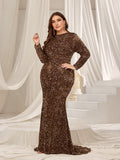 Plus Elegant Maxi Sequin Evening Gown with Mock Neck, Long Sleeves, and Mermaid Fishtail Skirt