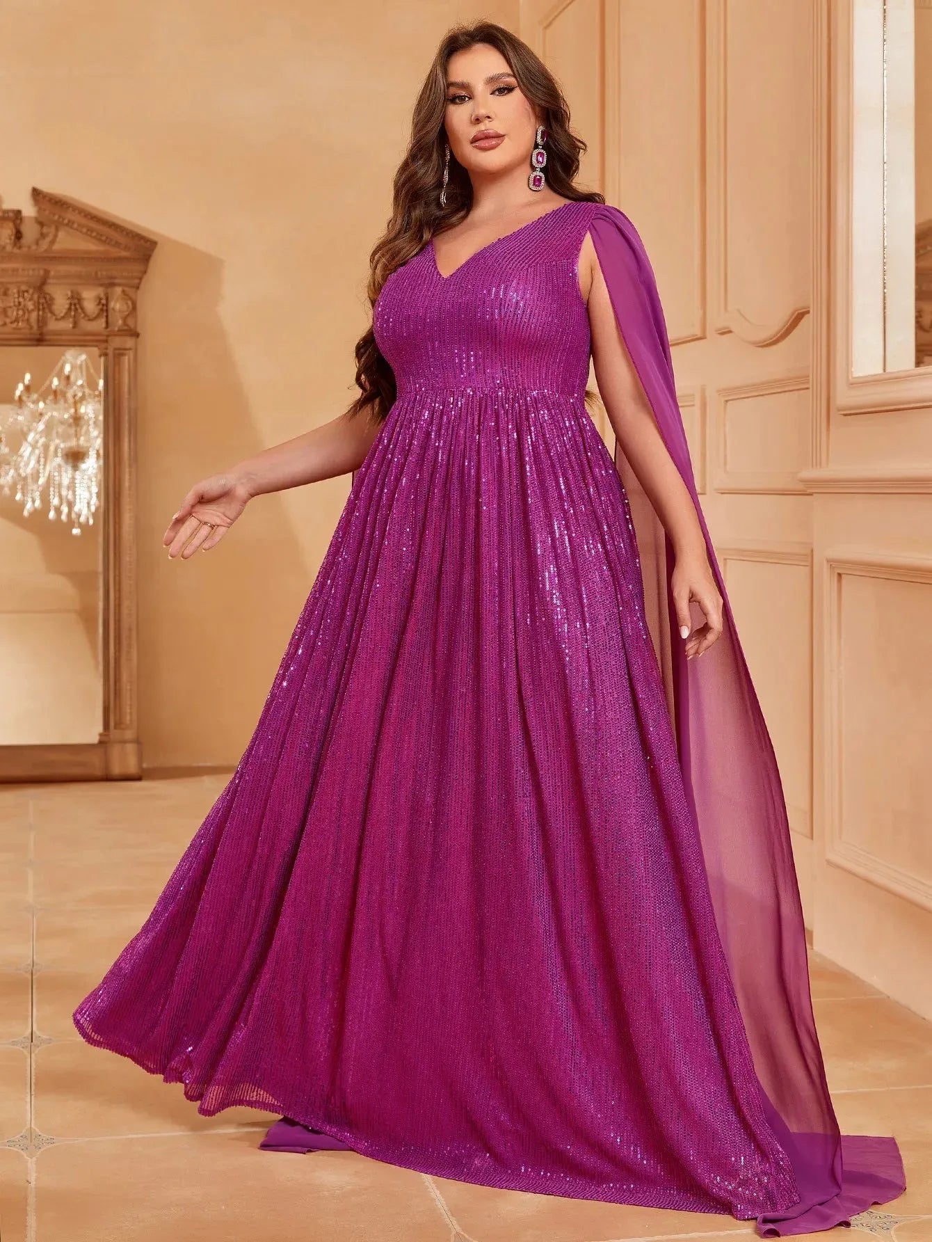 Plus V Neck Cloak Sleeve Sequin A Line Dresses