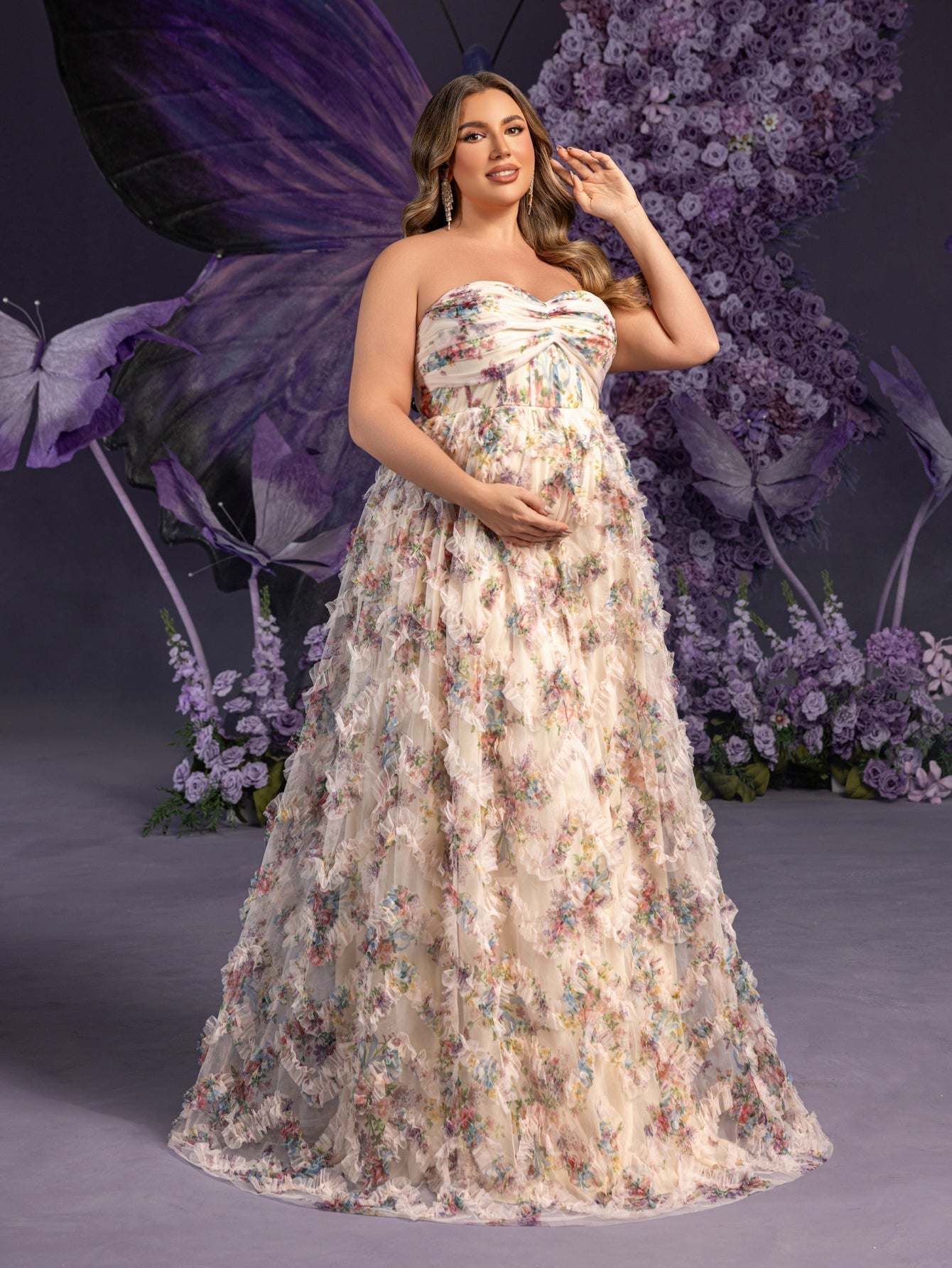 Plus Maternity Strapless Ruffle Trim Floral Mesh Party Dress Apricot / 5XL Plus Maternity Strapless Ruffle Trim Floral Mesh Party Dress Apricot / 5XL