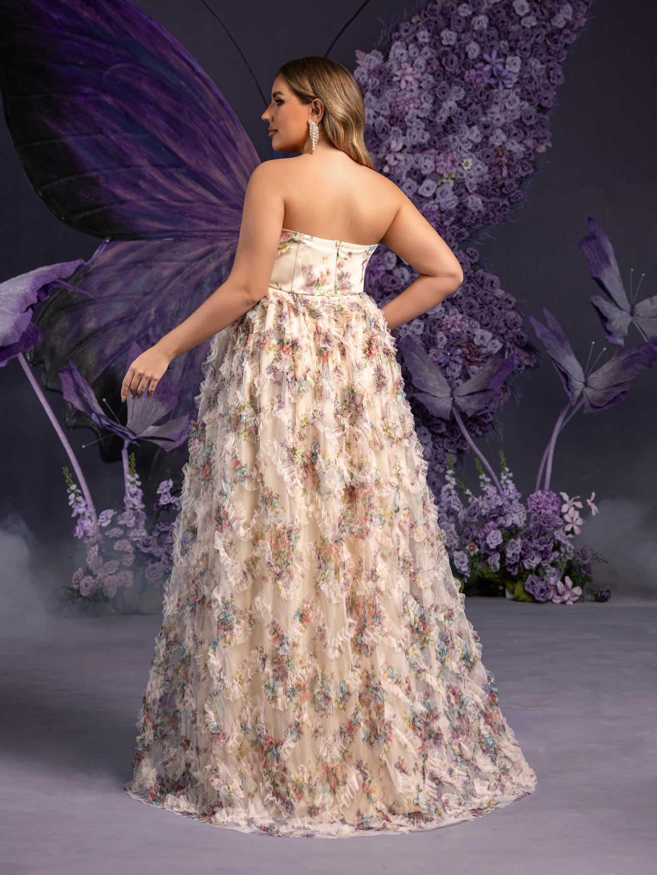 Plus Maternity  Strapless Ruffle Trim Floral Mesh Party Dress