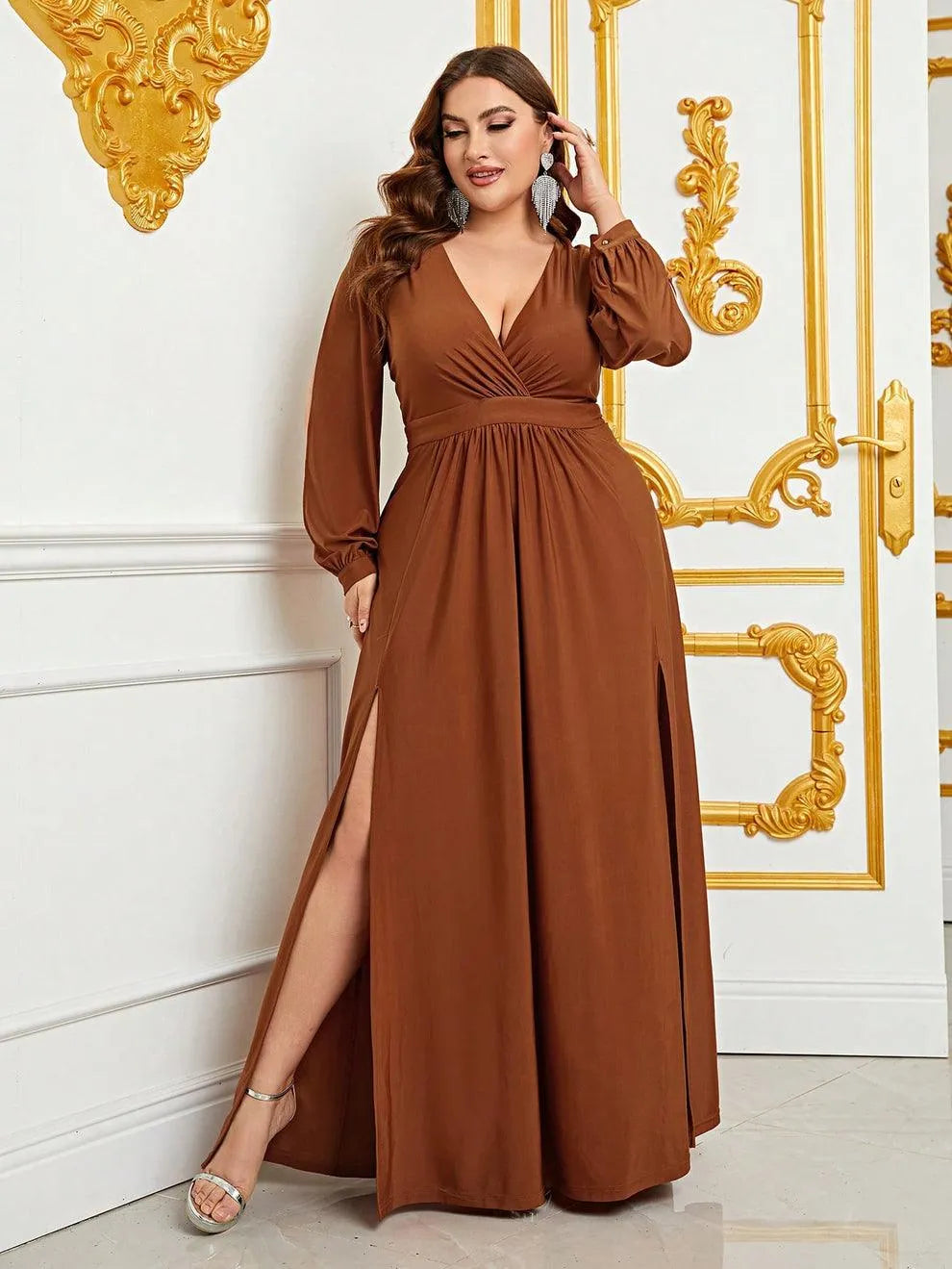 Plus Plunging Neck Lantern Sleeve High Slit Dress Brown / 2XL Plus Plunging Neck Lantern Sleeve High Slit Dress Brown / 2XL