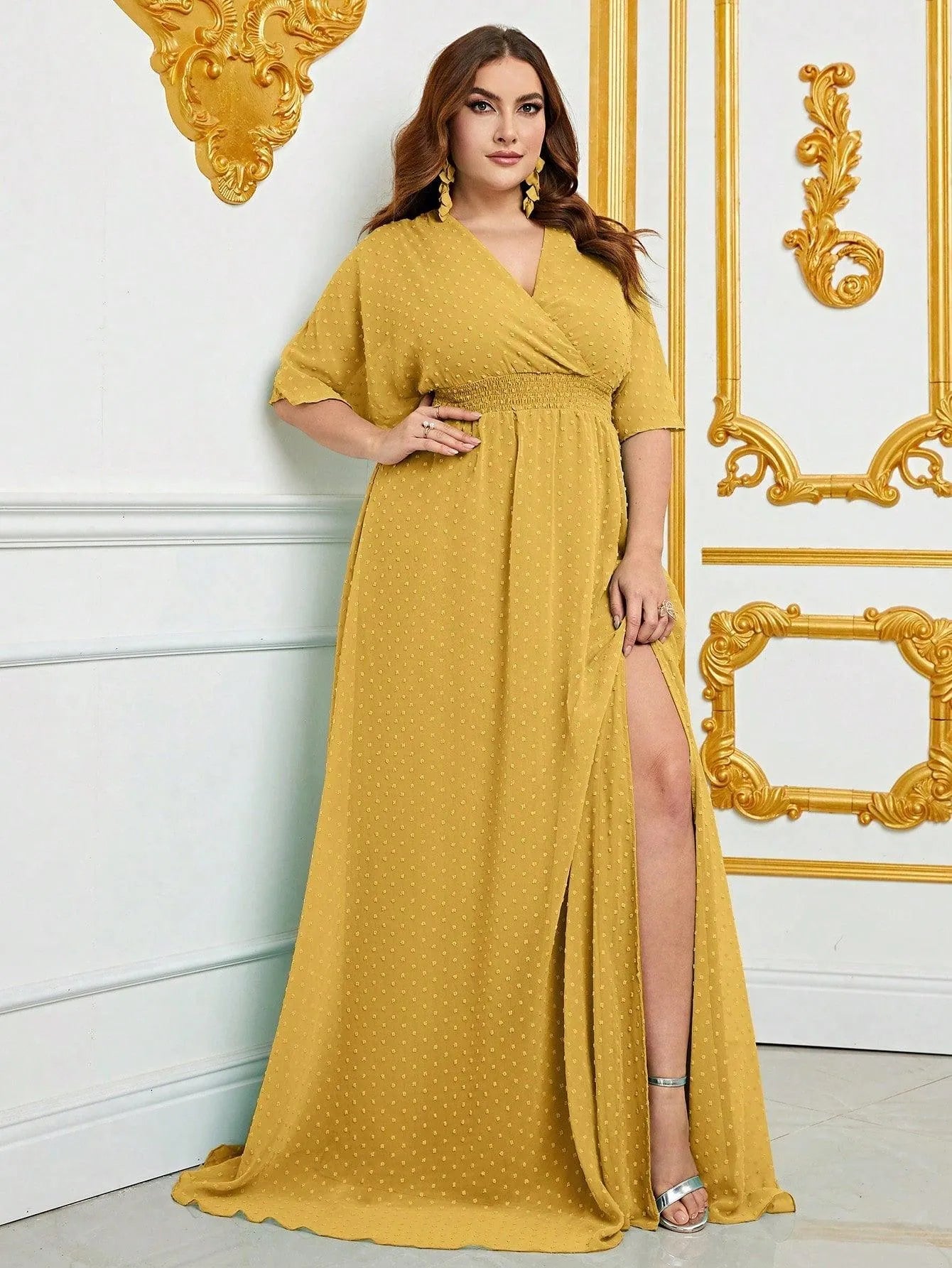 Plus Butterfly Sleeve Swiss Dot Split Thigh Chiffon Dress Yellow / 2XL Plus Butterfly Sleeve Swiss Dot Split Thigh Chiffon Dress Yellow / 2XL