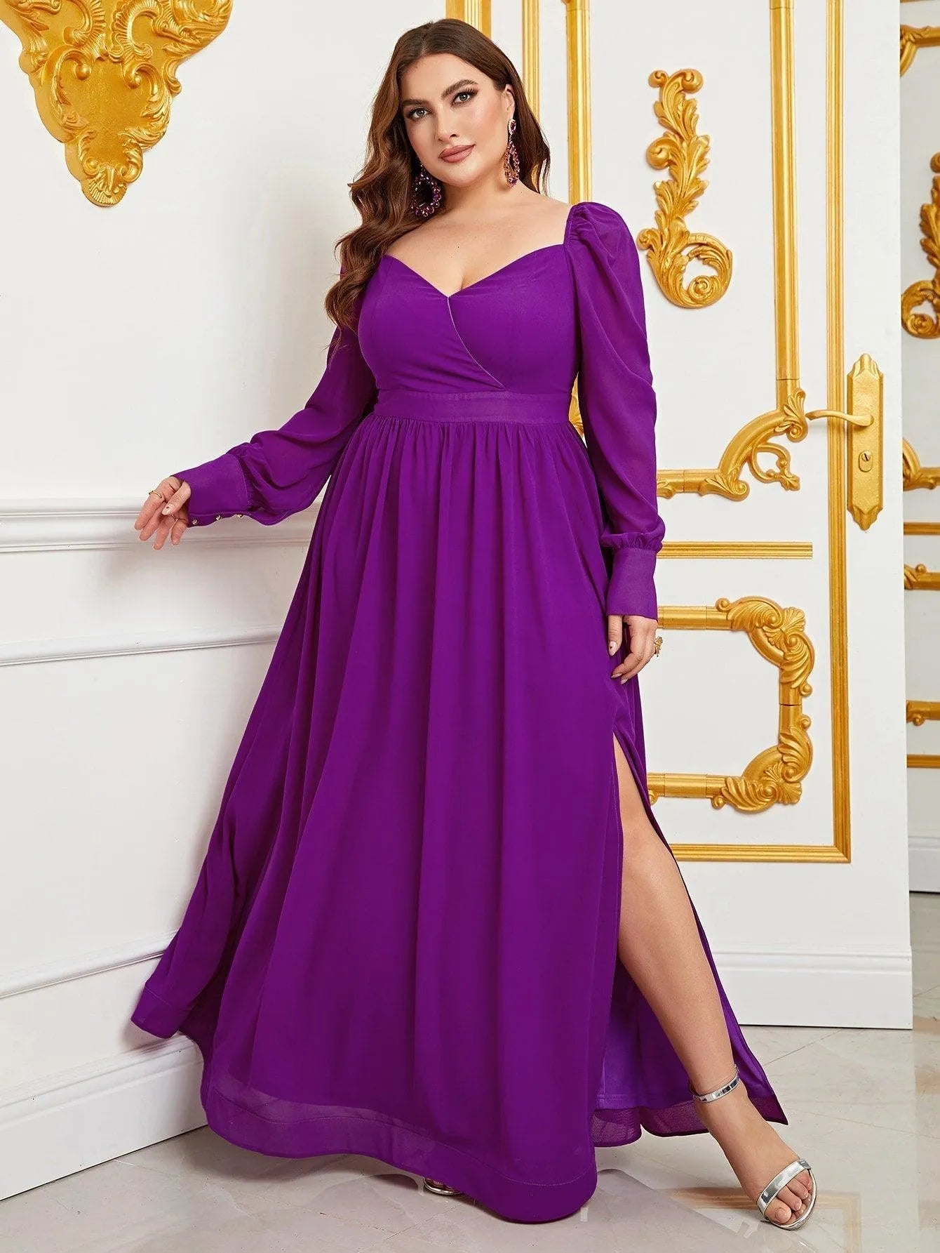 Plus Sweetheart Neck Backless Long Sleeve Chiffon A Line Dress Blue / 3XL Plus Sweetheart Neck Backless Long Sleeve Chiffon A Line Dress Blue / 3XL