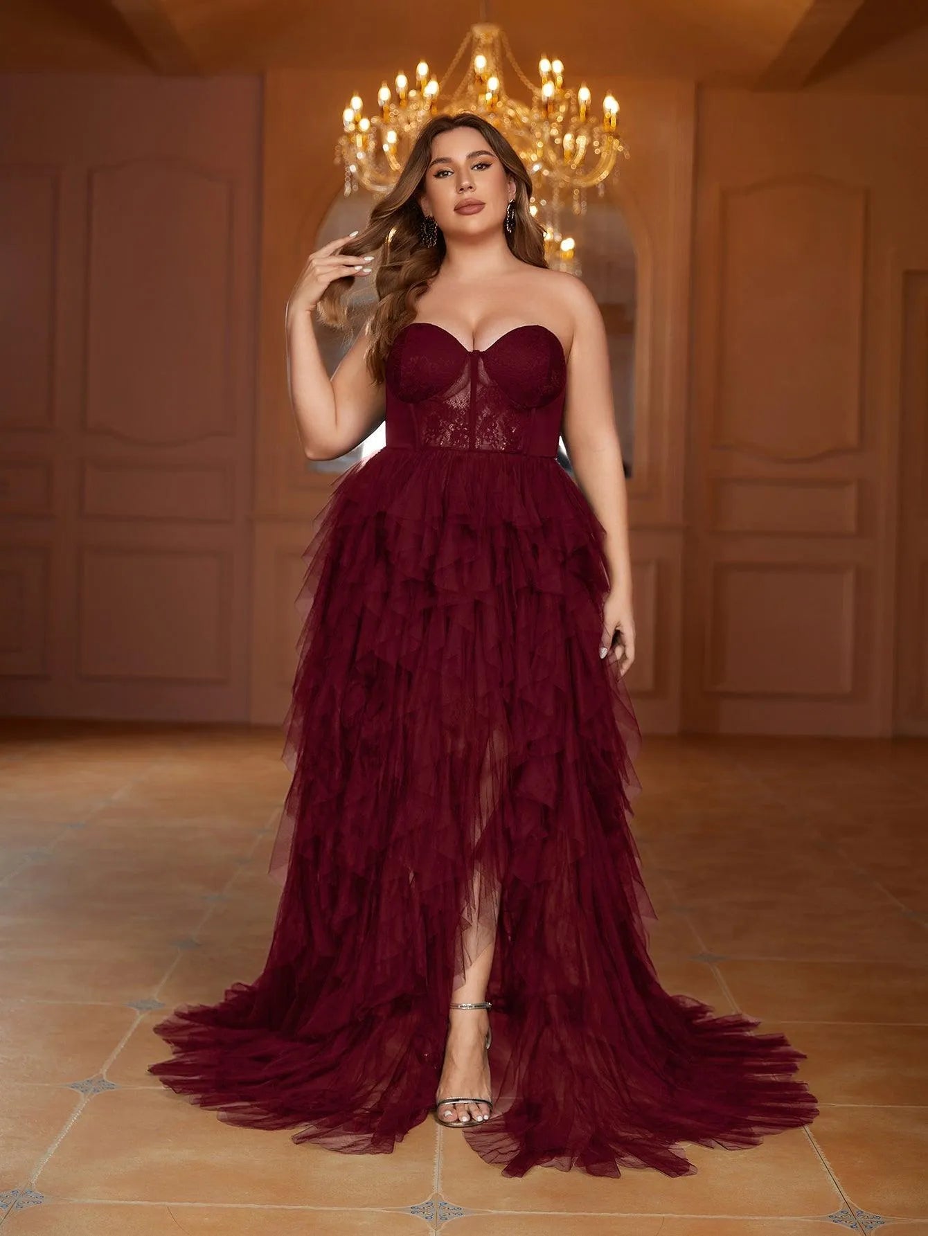 Plus Lace Bodice Contrast Layered Mesh Hem Prom Dress – Curvepretty