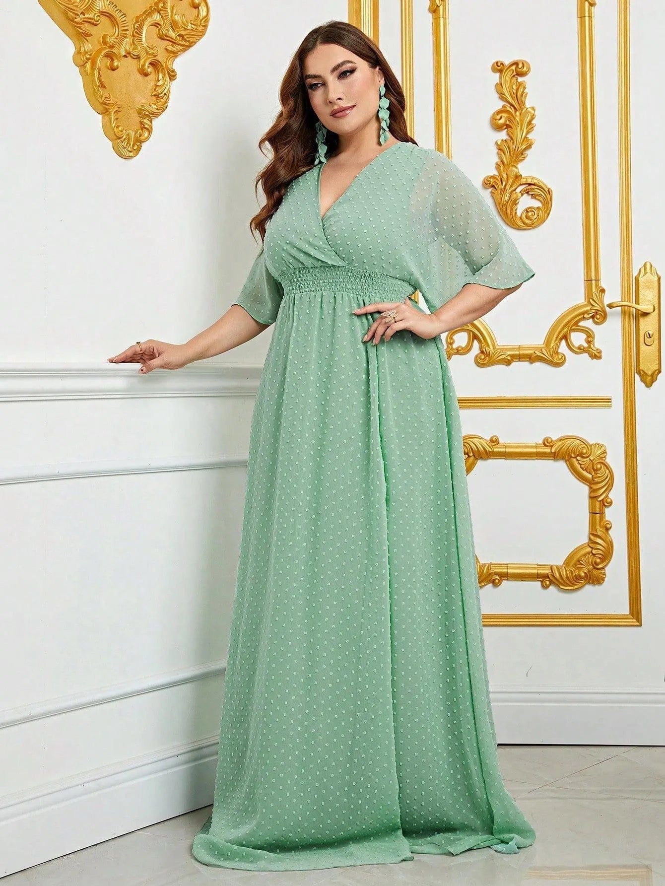 chiffon swiss dot dress Plus Surplice Neck Long Sleeves Swiss Dot Belted Chiffon Party Dress