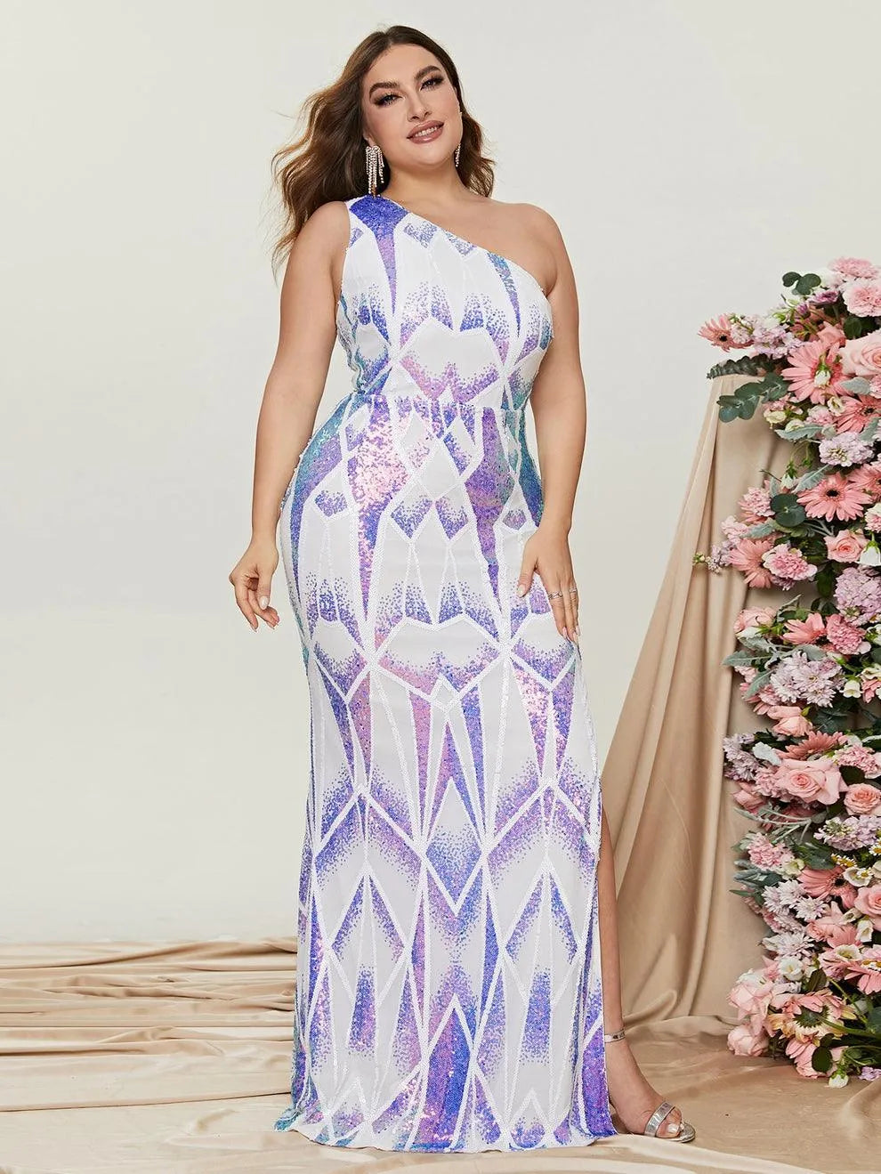 Plus Size One Shoulder Sleeveless Slit Prom Dresses - Elonnashop