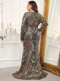 Plus Round Neck Long Sleeve Graphic Sequin Mermaid Dresses