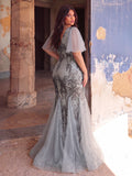 Plus Butterfly Sleeves Mermaid Hem Graphic Sequin Formal Dress