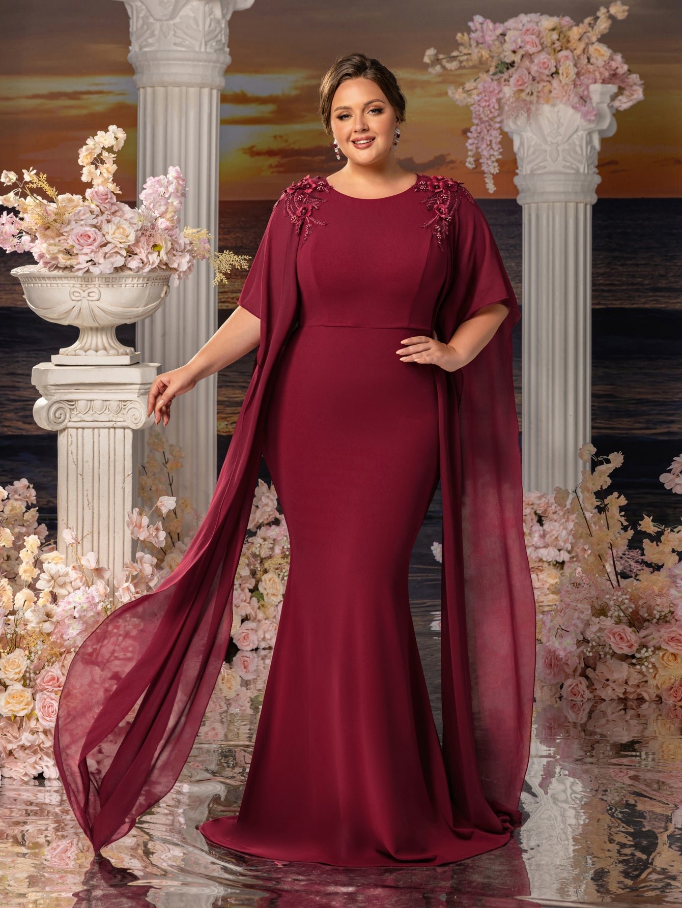 Plus Womens' Mermaid Silhouette Formal Dress with Flared Chiffon Slee Burgundy / 3XL Plus Womens' Mermaid Silhouette Formal Dress with Flared Chiffon Slee Burgundy / 3XL