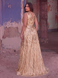 Plus Floral Sequin V Neck Sleeveless A-Line Formal Prom Dress