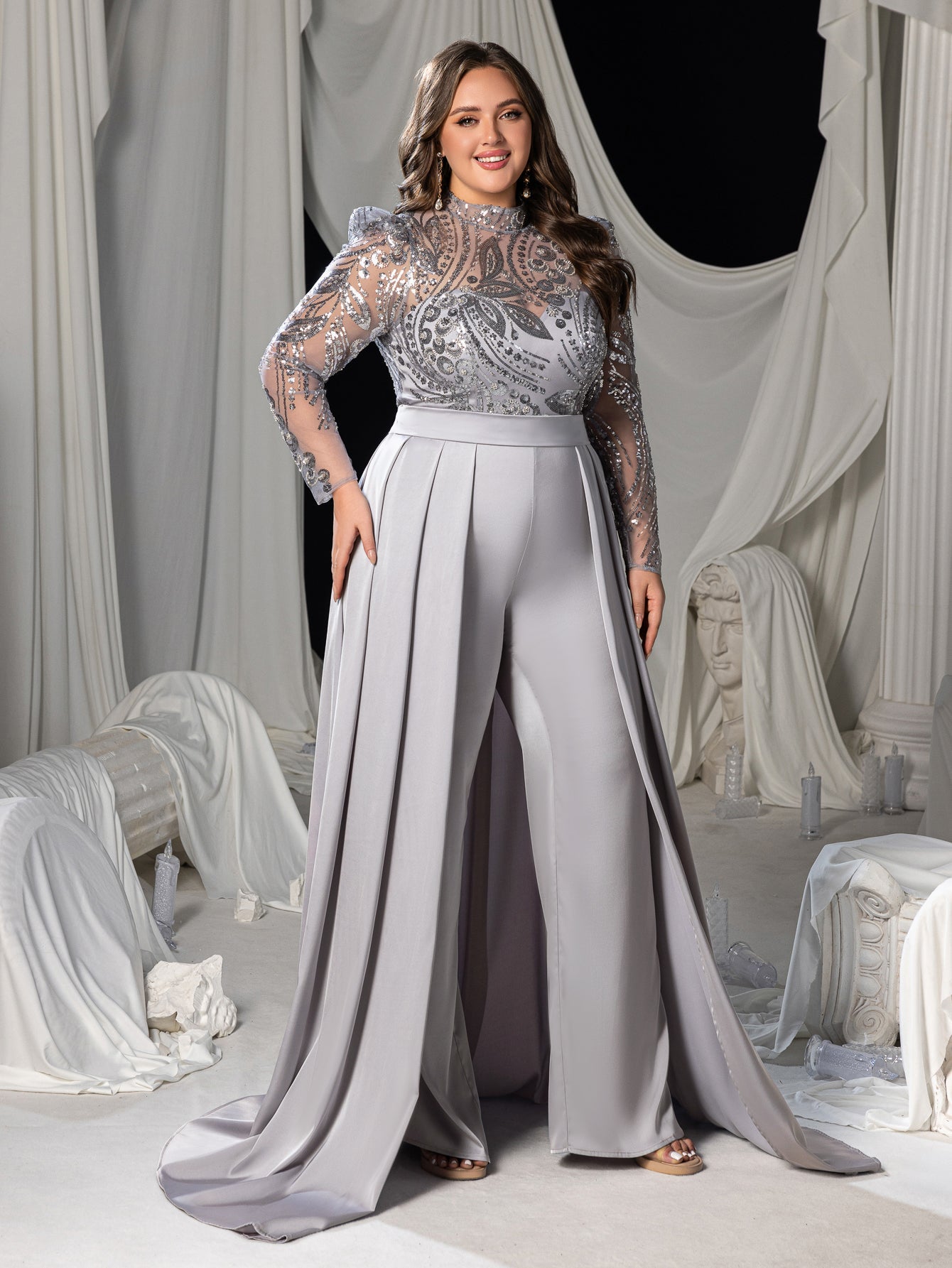 Plus Sequin-Trimmed Jumpsuit with Glittering Bodice & Satin Wide-Leg Pants for Evening Glam
