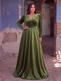 Plus V Neck Long Sleeve Belted Satin A Line Dress
