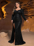 Plus Sweetheart Neck Split Thigh Sequin Prom Dresses