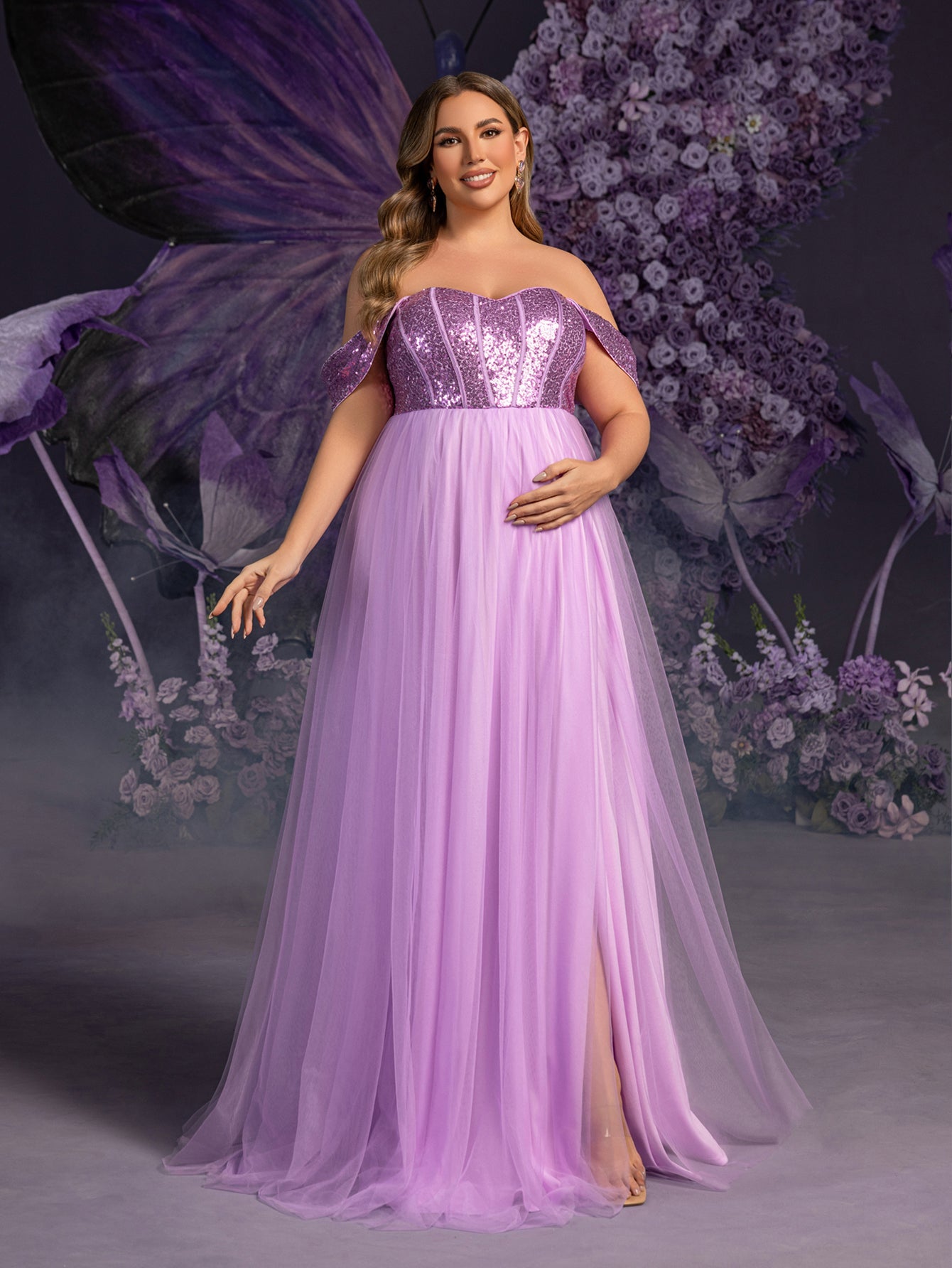 Plus Maternity Off Shoulder Sequin Bodice Contrast Tulle Evening Dress Purple / 3XL Plus Maternity Off Shoulder Sequin Bodice Contrast Tulle Evening Dress Purple / 3XL