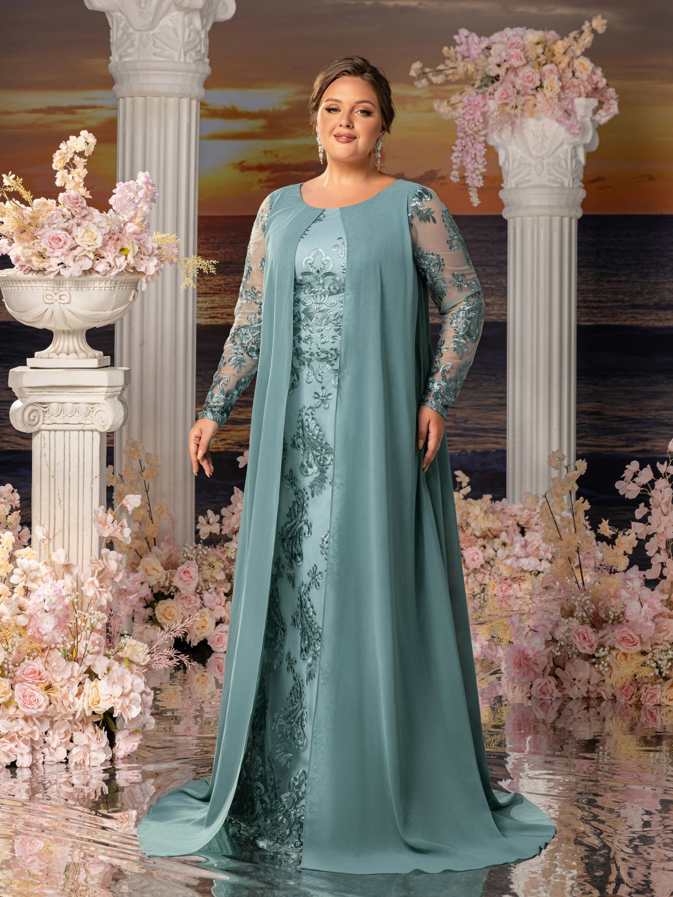 Plus Womens' Elegant Lace Mermaid Gown - Sheer Sleeves & Intricate Lace Patterns with Chiffon Overlay for Beach Weddings, Romantic Coastal Events