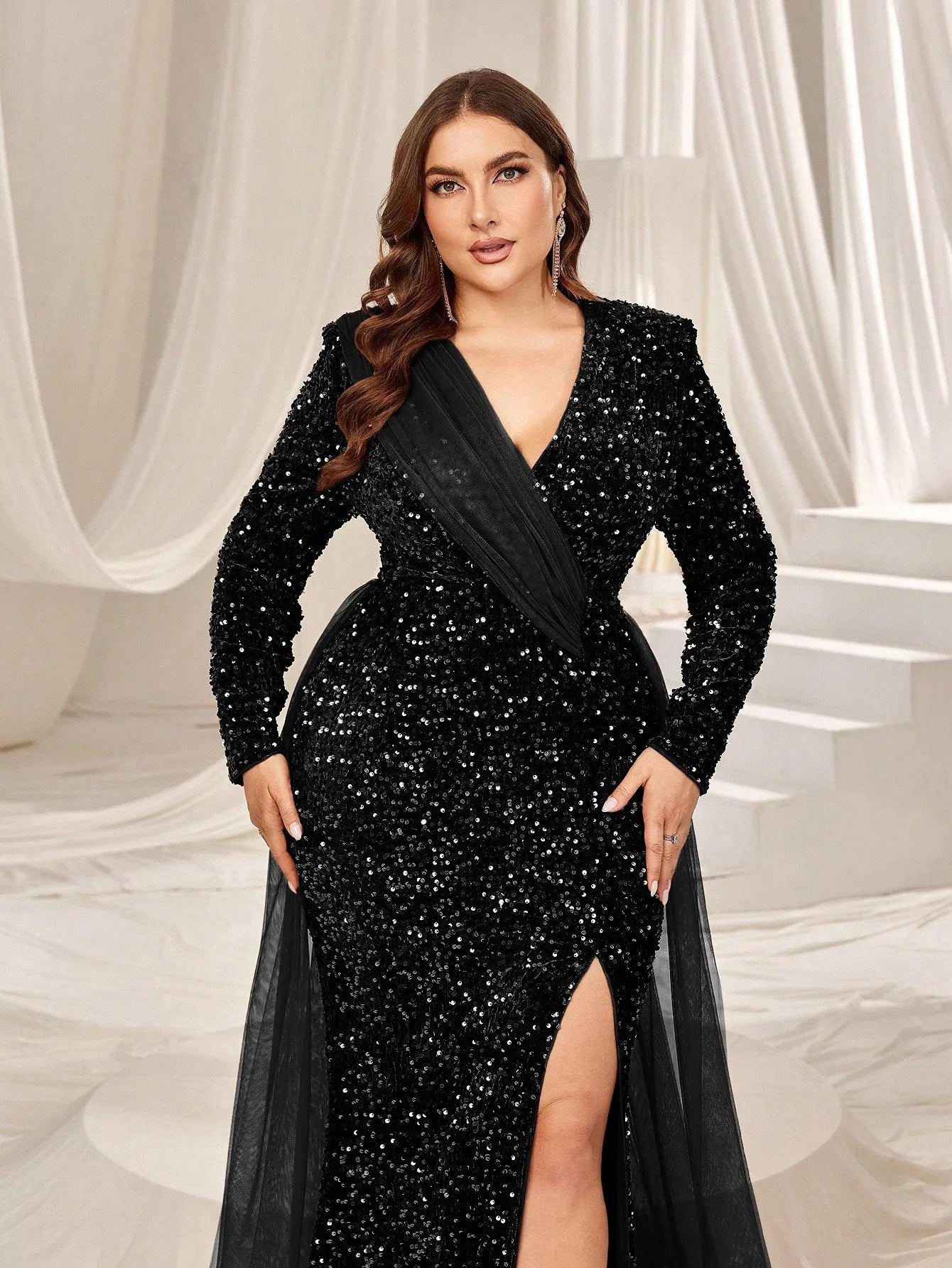 dress with mesh cleavage Long Sleeve Mesh Insert Maxi Velvet Dress Black