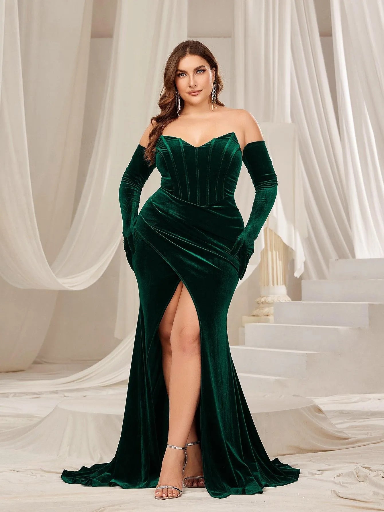 Plus Ruched Wrap Hem Velvet Tube Prom Dress£¨Gloves Included£© - Elonnashop