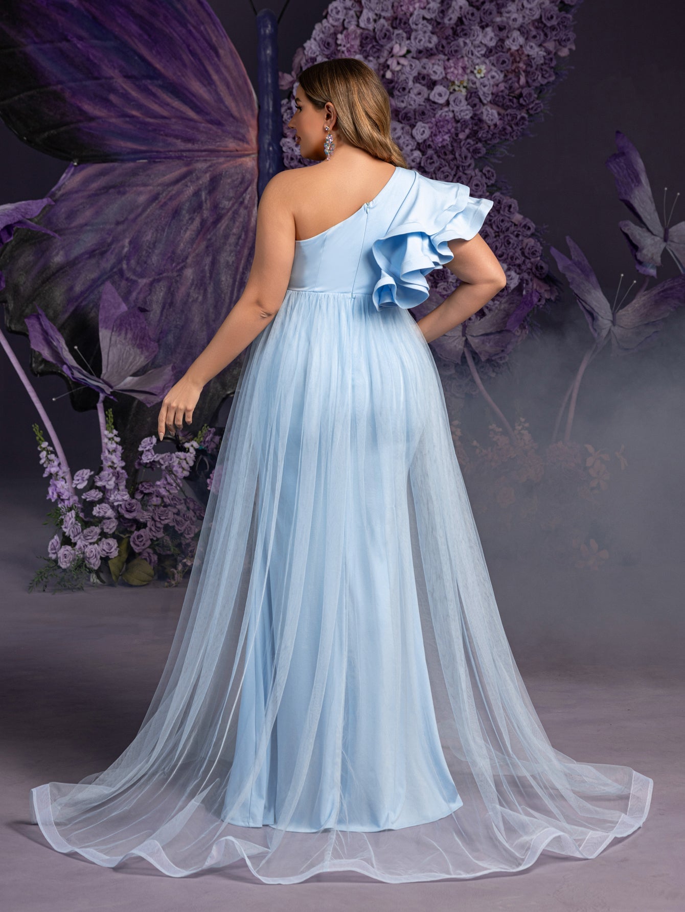 Maternity Plus Evening Gown with Asymmetrical Ruffle Neckline & Tulle Light Blue / 1XL Maternity Plus Evening Gown with Asymmetrical Ruffle Neckline & Tulle Light Blue / 1XL