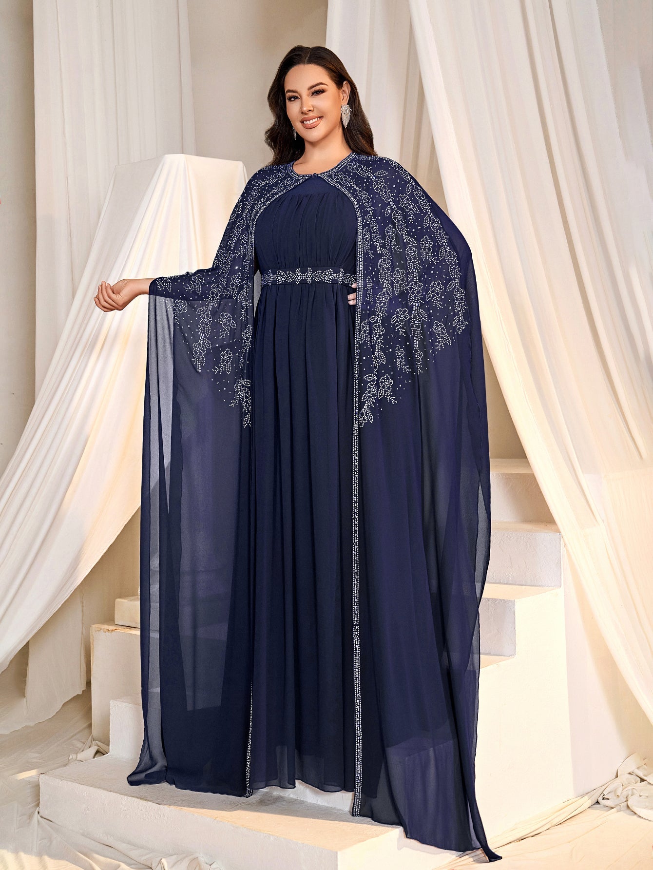 Plus Gorgeous Two-Piece Chiffon Evening Dress | Rhinestone Cape Sleeves & A-Line Skirt with Cathedral Train