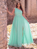 Plus Chiffon One Shoulder Slit Maxi Dress | Asymmetric Neckline Flowy Evening Gown with Side Leg Slit | Formal Party & Prom Dress